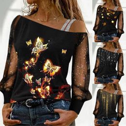 Women's Blouses Women V Shirts Neck Casual Sequin Print Mesh Long Sleeve Cold Short Athletic Top Plain T For