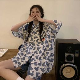 New Women Leisure Shirts Love Print Simple Polo-neck Short Sleeve Blouse Ulzzang Design Loose Chic All-match Daily
