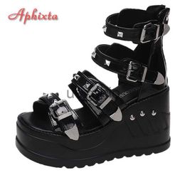 Sandals Aphixta 2022 INS Crystals Buckle Platform Sandals Women Cool Boots 10cm Wedges Heel Height Increasing Peep Toe Bling Shoes J230612