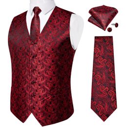 Vests Men's Slim Fit Suit Vest Neck Tie Set Luxury Red Paisley Silk Waistcoat Jacket Wedding Party Men Clothing Formal Dress Vest