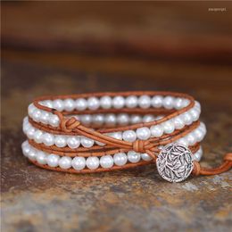 Charm Bracelets Handmade Boho 6mm White Freshwater Pearl Leather Wrap Bracelet Beach For Girl Bridesmaid Friendship Jewelry