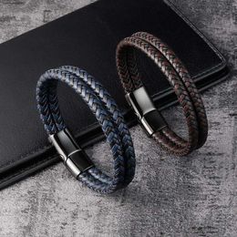 Charm Bracelets Stylish Men Leather Bracelet Stainless Steel Magnetic Clasps Bangle Fashion Hiphop Punk Male Jewelry Wristband Gift Z0612