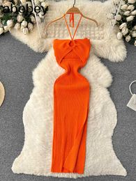 Casual Dresses Ins Fashion Solid Knitted Women Dress 2023 Summer Halter Sleeveless Bodycon Dress Europe Style Ladies Office Dress Z0612