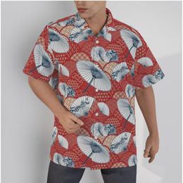 Men's Casual Shirts Men's Hawaiian Shirt Oilpaper Umbrella Print Ethnic Style Beach Short Sleeve Summer Button Up Patchwork Red