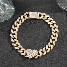 Anklets Hiphop Crystal Heart Shaped Chunky Cuban Link Anklet Iced Out Miami Metal Chain Anklets Bracelet for Women Men New Jewellery 230608