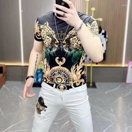 Men's T Shirts Summer Ice Silk Printed T-shirt For Men Short Sleeve Slim Tee Tops Clothing Casual Social Nightclubs Tshirt Streetwear 2023