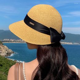 Wide Brim Hats Women Straw Hat Luxury Ribbon Bowknot 9cm Large Bucket Summer Elegant Lady Breathable Round Top Travel Beach Sun Cap