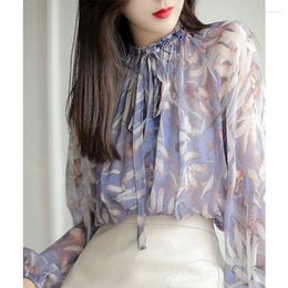 Women's Blouses Purple Floral Chiffon Shirt Spring Summer Fashion Blouse 2023 Korean Style Bow Tie Collar Elegant Long Sleeve Clothing