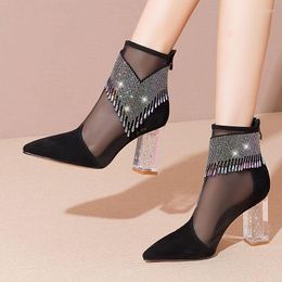 Dress Shoes Women Summer Boots 2023 Glitter Rhinestone Ladies Pointed Toe Chunky Heel Party Female Mesh Sandals