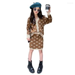 Clothing Sets Spring Fashion For Girls Casual V-neck Print Cardigan Jacket Hip Skirt 2pcs Kid Clothes Teens Streetwear Outfit 4-14Y