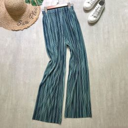 Women's Pants Women Summer Striped Pleated Green Wide Leg Loose Style High Waist Elastic Long Korean Vacation Trousers
