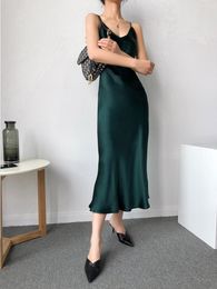 Casual Dresses KAEFELY/Japan Imported Triacetic Acid Satin Dress Acetic Long V-Neck Sling