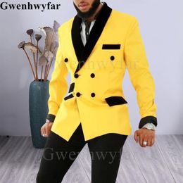 Suits Gwenhwyfar Double Breasted Yellow Prom Men Suits Slim Fit 2Piece Groom Tuxedo For Wedding With Black Bright Contrasting Colours