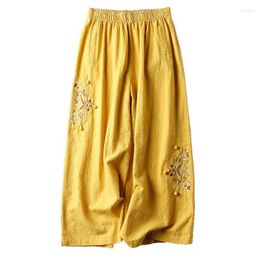 Women's Pants 2023 Summer Cotton Casual Women's Thin Retro Embroidered Wide Leg Versatile Cropped