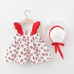Girl's Dresses Girls Dress Summer New Dungaree Small Children's Baby Girl Cute StrAWberry Sleeveless Hat