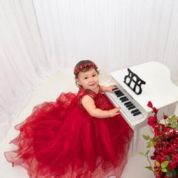 Girl Dresses Toddler Red Flower Sleeveless Lace Applique Pageant Gown Tulle Beading First Communion Dress Made To Order