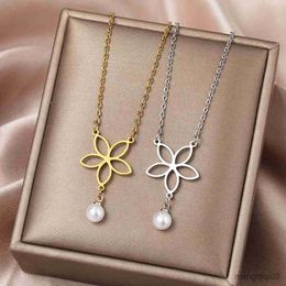 Pendant Necklaces Stainless Steel Flower Pearl Korean Fashion Choker Chain Charms Necklace For Women Jewellery Party Wedding Gifts R230612