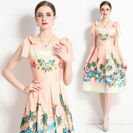 Girl Boutique Dress Fashion Suspenders Bow Dress 2023 Summer Floral Dress High-end Trend Lady Sleeveless Dresses Runway Party Dresses