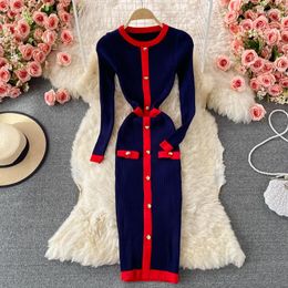 Casual Dresses Autumn Winter Elegant Women's Knitted Dress Robe O-Neck Single-Breasted Bodycon 2023 Female Vestidos