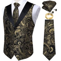 Men's Suits Blazers Black Gold Paisly Vest Suit Set 5 PCS Tuxedo Waistcoat Tie Pocket Square Cufflinks Ring For Wedding Blazer Vests Clothing 230609