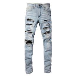 Mens Jeans blue Holes Forest Map Pants Man Washed Biker Trousers Fashion Casual Mature Trendy Denim Pant Hip Hop motorcycle jean