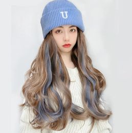 The hat wig all -in -one female wool knitted hat picking dyeing gradient has many style choices, supporting customization