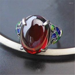 Cluster Rings Women Vintage 925 Sterling Thai Silver Adjustable Folk Gems Dripping Garnet Cloisonne Ring For Wedding Bands