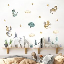 Cartoon Dragon Animals Clouds Stars Watercolour Nursery Wall Sticker Removable Vinyl Wall Decals Mural Boys Kids Room Home Decor