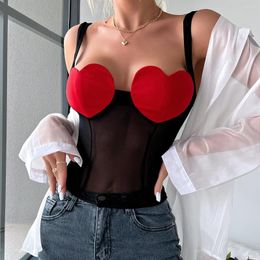 Women's Tanks Sexy Tank Top Women Clothes Red Love Patch Mesh Slim Camisole Y2k Tops Crop Bustier See Through Corset Transparent Open Back