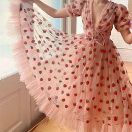 Basic Casual Dresses Strawberry Dres Deep V Puff Sleeve Sweet Voile Mesh Sequins Embroidery French Party 3XL 230612