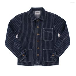 Men's Jackets 2023 Vintage Striped Denim Jacket Men Spring Autumn French Workwear Overalls Lapel Tooling Casual Cardigan Coat