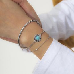 Link Bracelets GSOLD 3 Pcs/Set Round Turquoise Charm Bracelet Satellite Beads Thin Chain Cuff Vintage Stackable Wrist Fashion Jewelry