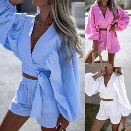 Women's Tracksuits Short Sets 2023 Women Two Piece Sexy Deep V Neck Flare Sleeve Top Lace Up Pant Summer Ladies Outfits Streetwear