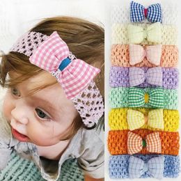 Hair Accessories Infant Baby Ruched Elastic Wide Headband With Stuffed Plaid Bowknot Bright Candy Colour Crochet Stretchy Hairband Turban
