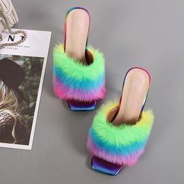 Summer Woman Pumps Transparent Perspex High Heels Fashion Colour Feather Fur Peep Toe Mules Slippers Ladies Slides Shoes Sandals