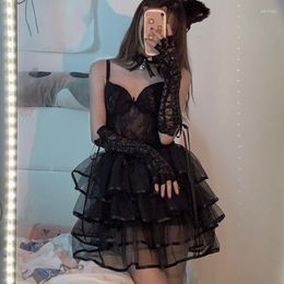 Work Dresses Gothic Lace Retro SET Thin Shoulder Strap Sexy Black Mini Ladies Street Pleated Hollow Women