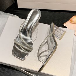 Liyke Summer Crystal PVC Transparent Slippers For Women Outside Street Open Toe Slides Shoes Clear High Heels Gladiator Sandals