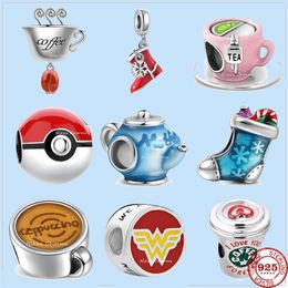 925 sterling silver charms for pandora jewelry beads Coffee Cup Teapot Afternoon Tea DIY Bead charm set Pendant DIY Fine