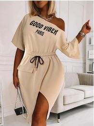 Plus size Dresses LW Size Letter Print Drawstring High Split Dress Summer Streetwear For Women Female Elegant Maxi dress 230613