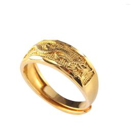 Wedding Rings Gold Color Carved Chinese Dragon Copper Ring Bands For Men Women Wide Fashion Jewelry