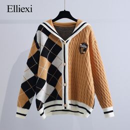 Sweaters ELLIEXI Women Patchwork Cardigans Knitted Diamond Pattern Navy Collar Cardigan Button Up Cavaliers Sweater Women 2022 Winter