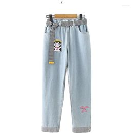 Women's Jeans Blue Cartoon Embroidery Washed Women With Sashes 2023 Autumn Ankle Length Straight Denim Pants Korean Casual Ladies