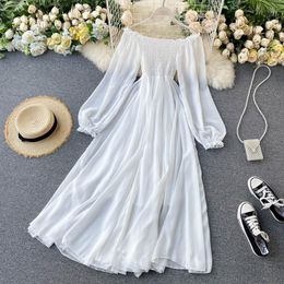 Casual Dresses White Dress Elegant Fairy Chiffon Off Shoulder Maxi Long Sleeve Sexy Beach Women Boho Autumn Clothes 2023 Vintage