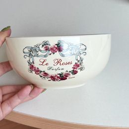 Bowls Korean Retro Style Ceramic Rice Bowl Round Beige Rose Pattern Tableware 5.5 In Soup Breakfast Oatmeal Home