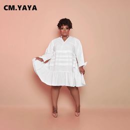 Plus size Dresses CM.YAYA Women Size Dress Solid Full Sleeve V neck Loose Midi Fashion Casual Streetwear Summer Outfit Vestidos 230613