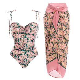 Women's Swimwear 2023 European and American new onepiece swimsuit tie small fresh floral onepiece swimsuit and wrap skirt suit bikini swimsuit Z0613