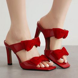 Sandals Open Toe Mule For Women Bow Knot Velvet Fashion Sexy High Heeled Shoes 2023 Evening Night Club Party Slipper Elegant