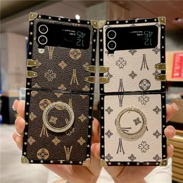 Luxury Retro Geometric Print Leather Square Plating Vogue Phone Case for Samsung Galaxy Folding Z Flip3 Flip4 5G Rhombus Pattern Bracket Fold Shell with Ring Holder