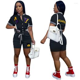 Women's Tracksuits Ladies Letter Short Sleeve Single-Breasted O-Neck Top With Drawstring Shorts Summer College Fashion Suit