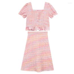 Work Dresses M-4Xl Sweet Pink Skirt Set Colourful Striped Puff Sleeve Tops Shirt High Waist A-Line Mid-Calf 2Pcs Female Clthong Suits